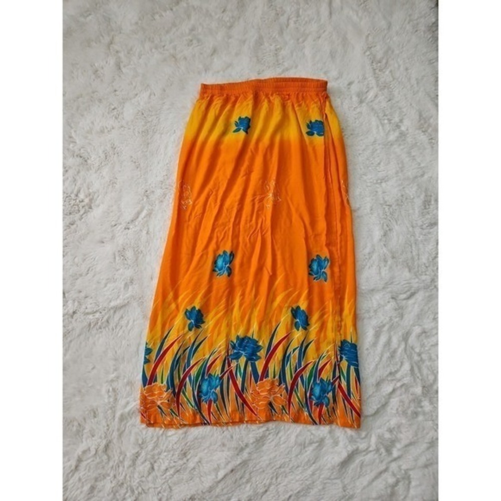 Tropical Floral 2 Piece Set Orange Yellow Blue Blouse and Maxi Skirt Outfit Y2K - Picture 4 of 12